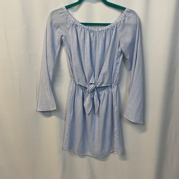 L'Academie Blue Stripe Bell Sleeve Off Shoulder Front Cut Out Tie Dress XS - Picture 1 of 6